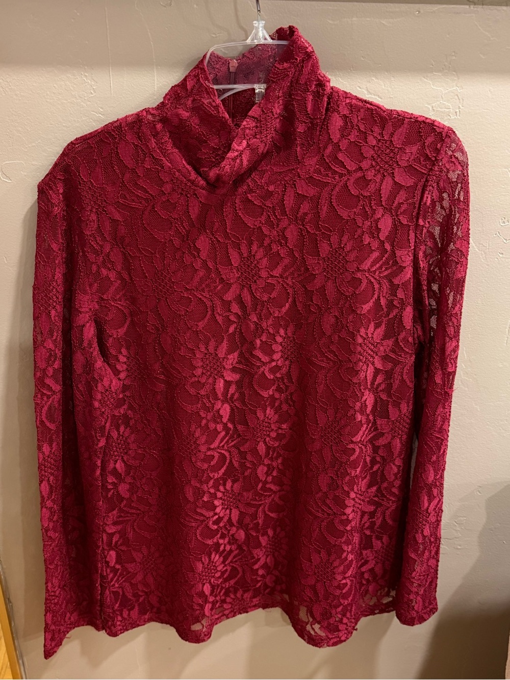 Lace Long-Sleeve Mock Neck Blouse Top - Burgundy Red Long Sleeves Size XL #703